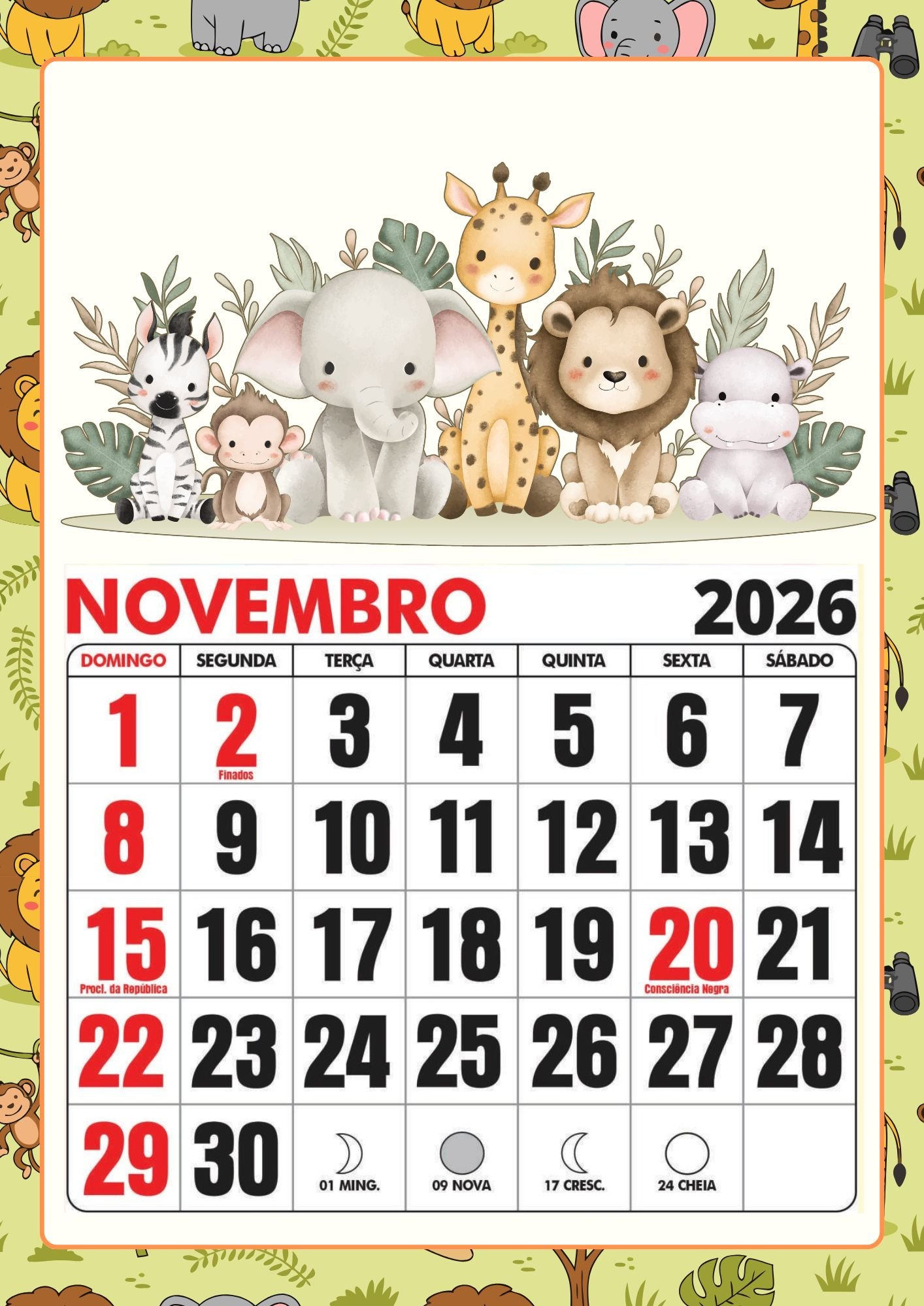 Calendário 2026 tema Safári